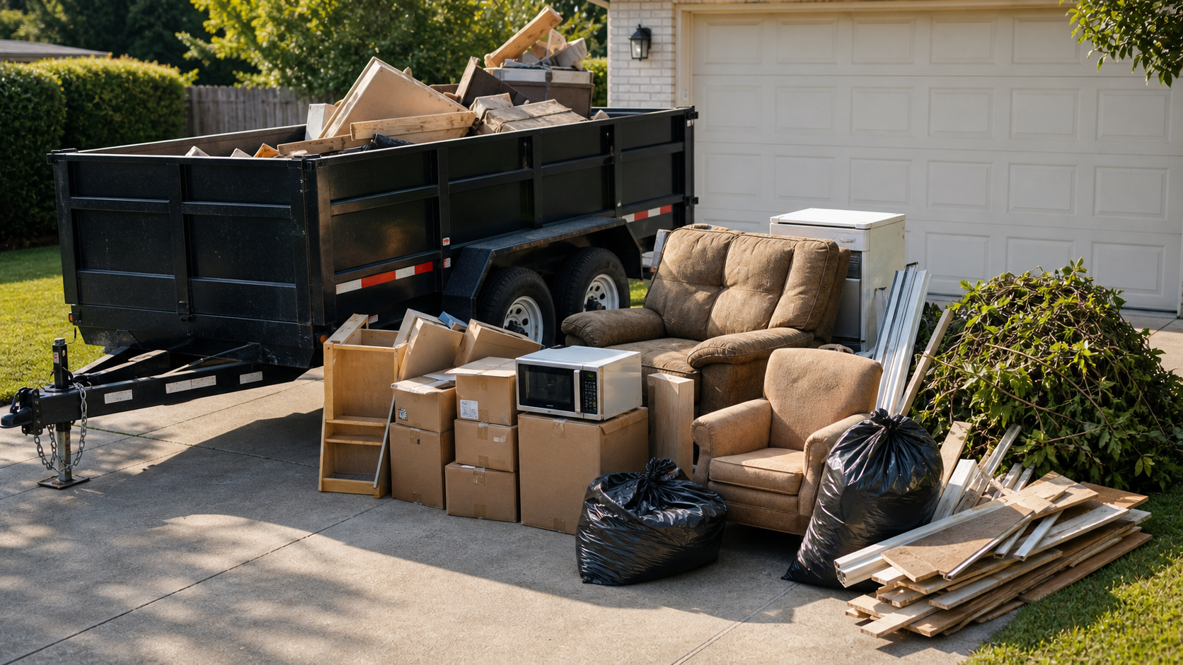 Furniture, boxes, appliances, yard debris, and construction debris staged for junk removal